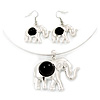 Silver Plated Flex Wire 'Elephant' Pendant Necklace & Drop Earrings Set With Black Stone - Adjustable