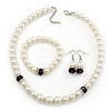 White Simulated Glass Pearl Necklace, Flex Bracelet & Drop Earrings Set With Diamante Rings & Purple Beads - 38cm Length