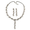 Stunning Bridal Simulated Pearl/Crystal Y-Necklace & Drop Earring Set In Silver Metal - 46cm Length/5cm Extension