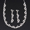 Classic Bridal Simulated Pearl/Crystal Necklace & Drop Earring Set In Silver Metal - 44cm Length/5cm Extension
