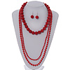 3-Piece Hot Red Acrylic Necklace & Drop Earrings Set - 102cm Length