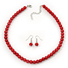Red Glass Bead Necklace & Drop Earring Set In Silver Metal - 38cm Length/ 4cm Extension