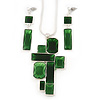 Leaf Green 'Summer Shapes' Necklace & Drop Earrings Set In Matte Silver Plating - 40cm Length/ 7cm Extension