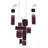 Grape Soda Purple 'Summer Shapes' Necklace & Drop Earrings Set In Matte Silver Plating - 40cm Length/ 7cm Extension
