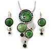 Rhodium Plated Grass Green Enamel, Crystal 'Multi Circle' Pendant & Drop Earrings Set - 38cm Length/ 5cm Extension