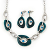 Teal Green Enamel Oval Geometric Chain Necklace & Drop Earrings Set In Rhodium Plating - 38cm Length/ 6cm Extension