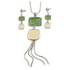Light Green/ Cream Enamel Square Tassel Pendant & Drop Earrings Set In Rhodium Plating - 38cm Length/ 5cm Extension