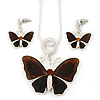 Brown Glass 'Butterfly' Necklace & Drop Earrings Set In Silver Tone - 38cm Length/ 5cm Extension
