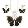 Grey Glass 'Butterfly' Necklace & Drop Earrings Set In Silver Tone - 38cm Length/ 5cm Extension