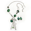 Long Green Resin Nugget Tassel Necklace and Earring Set In Silver Tone - 78cm Length (5cm extension)