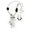 Long Black Acrylic Nugget Tassel Necklace and Earring Set In Silver Tone - 70cm Length (5cm extension)