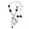 Long Blue Resin Nugget Tassel Necklace and Earring Set In Silver Tone - 78cm Length (5cm extension)
