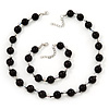Black/Transparent Simulated Glass Pearl Necklace & Bracelet Set In Silver Plating - 38cm Length/ 4cm Extension