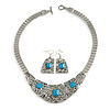 Ethnic Silver Tone Filigree, Turquoise Stone Necklace With T-Bar Closure & Drop Earrings Set - 40cm Length