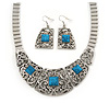 Ethnic Silver Tone Filigree, Turquoise Stone Necklace With T-Bar Closure & Drop Earrings Set - 40cm Length