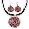 Ethnic Red Enamel Medallion Pendant Necklace On Leather Cord & Drop Earrings Set In Silver Plating - 40cm Length/ 7cm Extension