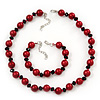 Red/Black Glass Pearl Necklace & Bracelet Set In Silver Plating - 38cm Length/ 4cm Extension