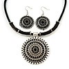 Ethnic Black Enamel Medallion Pendant Necklace On Leather Cord & Drop Earrings Set In Silver Plating - 40cm Length/ 7cm Extension