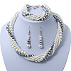 Bridal White, Metallic Grey Simulated Glass Pearl Bead Multi Strand Neckace, Bracelet & Drop Earrings Set In Silver Tone - 34cm Length/ 4cm Extender