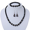 Black Glass Bead Necklace, Flex Bracelet & Drop Earrings Set With Diamante Rings - 38cm Length/ 6cm Extension