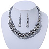 Metallic Silver/Grey Faux Pearl/ Glass Crystal Cluster Necklace & Drop Earrings Set In Silver Plating - 38cm Length/ 6cm Extender