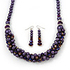 Deep Purple Faux Pearl/ Glass Crystal Cluster Necklace & Drop Earrings Set In Silver Plating - 38cm Length/ 6cm Extender