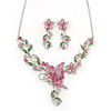 Pink/ Green Austrian Crystal 'Butterfly' Necklace & Drop Earring Set In Rhodium Plating - 40cm Length/ 6cm Extension