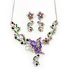 Purple/ Lilac/ Green Austrian Crystal 'Butterfly' Necklace & Drop Earring Set In Rhodium Plating - 40cm Length/ 6cm Extension