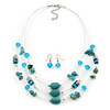 Turquoise & Crystal Floating Bead Necklace & Drop Earring Set - 52cm Length (5cm extension)