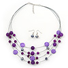 Purple/ Violet Shell & Crystal Floating Bead Necklace & Drop Earring Set - 52cm Length/ 5cm extension
