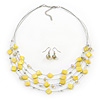 Sandy Yellow Square Shell & Crystal Floating Bead Necklace & Drop Earring Set - 52cm L/ 6cm Ext