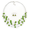 Lime Green Square Shell & Crystal Floating Bead Necklace & Drop Earring Set - 52cm Length/ 6cm extension