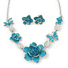 Light Blue Enamel Flower & Butterfly Necklace & Stud Earring Set In Rhodium Plating - 36cm Length/ 5cm Extension