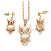 Milky White Moonstone 'Wise Owl' Pendant  With Gold Tone Chain & Drop Earrings Set - 44cm Length/ 5cm Extension