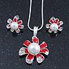 Enamel Red Simulated Pearl, Crystal Flower Pendant With Silver Tone Snake Style Chain & Stud Earrings Set - 40cm Length/ 6cm Extender