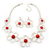 Light Silver Tone Coral Bead Floral Necklace & Drop Earrings Set - 38cm Length/ 7cm extender