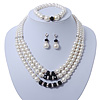 3-Strand Black Glass Bead, White Imitation Pearl Necklace, Flex Bracelet & Drop Earrings Set In Silver Plated Metal - 40cm L