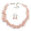 Chunky Rose Quartz Stone Necklace & Glass Bead Drop Earrings In Silver Tone - 40cm Length/ 5cm Extension