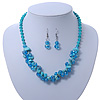Light Blue Crystal Bead, Turquoise Nugget Cluster Necklace & Drop Earrings Set In Rhodium Plating - 38cm Length/ 6cm Extension