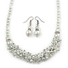 White Simulated Glass Pearls & Transparent Crystal Bead Cluster Necklace & Drop Earrings In Rhodium Plating - 38cm/ 7cm Extension