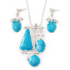 Light Blue Enamel Geometric Pendant Necklace & Drop Earrings Set In Rhodium Plated Metal - 40cm Length/ 7cm extender