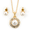 Classic Clear Austrian Crystal Simulated Pearl Pendant With Gold Tone Chain and Stud Earrings Set - 44cm L/ 5cm Ext - Gift Boxed