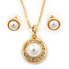 Classic Clear Austrian Crystal Simulated Button Pearl Pendant With Gold Tone Chain and Stud Earrings Set - 46cm L/ 5cm Ext - Gift Boxed