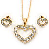 Clear Austrian Crystal Open Cut Heart Pendant With Gold Tone Chain and Stud Earrings Set - 40cm L/ 5cm Ext - Gift Boxed