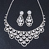Bridal Clear Crystal 'Lacy' Bib Necklace And Drop Earring Set In Rhodium Plated Metal - 40cm L/ 10cm Ext