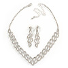 Bridal Clear Crystal V-Shape Necklace & Drop Earring Set In Silver Tone Metal - 34cm L/ 11cm Ext