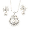 Clear Austrian Crystal Simulated Pearl Bow Pendant with Silver Tone Chain and Stud Earrings Set - 40cm L/ 6cm Ext - Gift Boxed