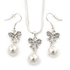 Clear Austrian Crystal Glass Pearl Bow Pendant with Silver Tone Chain and Drop Earrings Set - 40cm L/ 5cm Ext - Gift Boxed