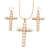 Large Faux Pearl Cross Pendant With 74cm L/ 6cm Ext Gold Tone Chain & Drop Earrings -