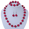 Fuchsia Ceramic Bead Necklace, Flex Bracelet & Drop Earrings In Silver Tone - 42cm L/ 5cm Ext